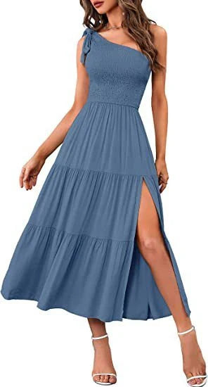 Stylish one-shoulder dress with pleated details, asymmetrical hemline, and leg-baring side slit in various colors