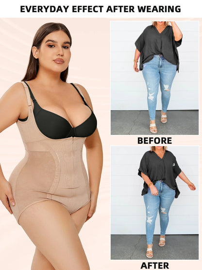 Women's slimming shapewear bodysuit in black and apricot for tummy control and a smooth silhouette.