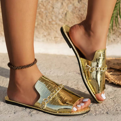 Stylish chain-embellished summer sandals for women featuring a comfortable artificial PU upper and durable rubber soles in a variety of chic colours