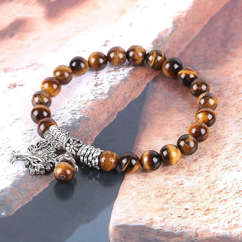 Tree of Life Natural Tiger's Eye Stone Bracelet with ancient silver plating