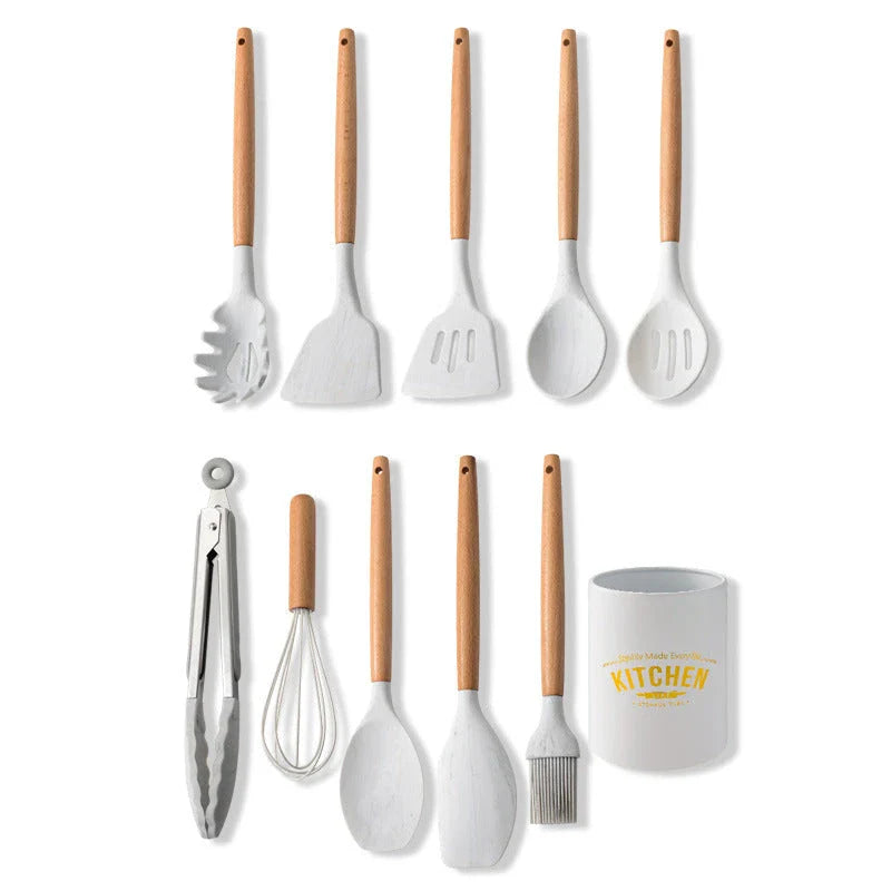 Premium silicone cooking utensil set with marble-patterned wooden handles for a stylish and heat-resistant kitchen accessory