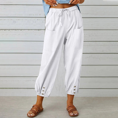 Women's cotton and linen drawstring tie pants with pockets, available in multiple colours and sizes.
