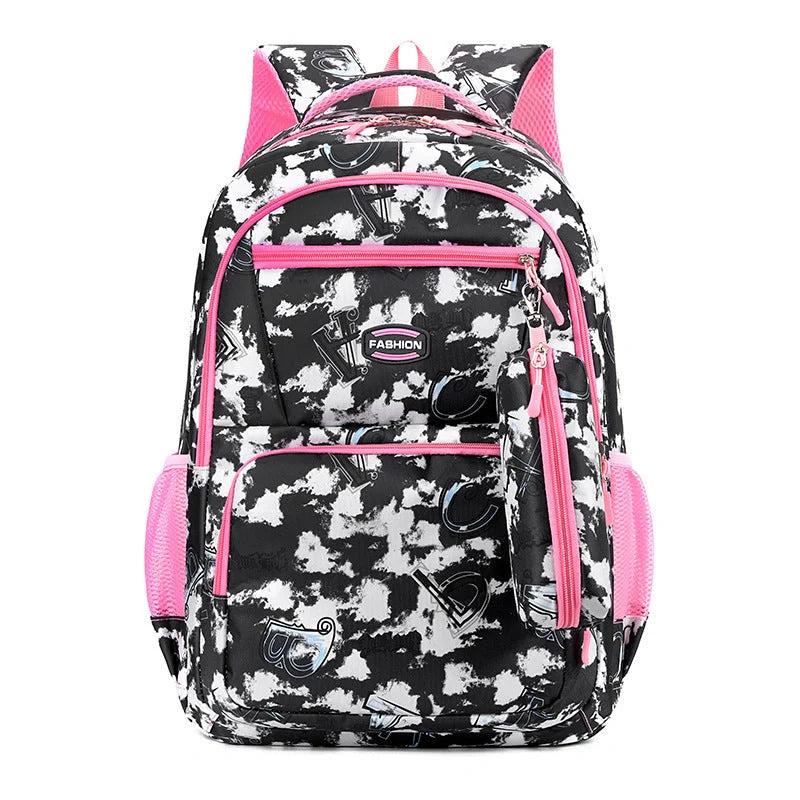 Letter print backpack with pencil case for primary school students in various colours