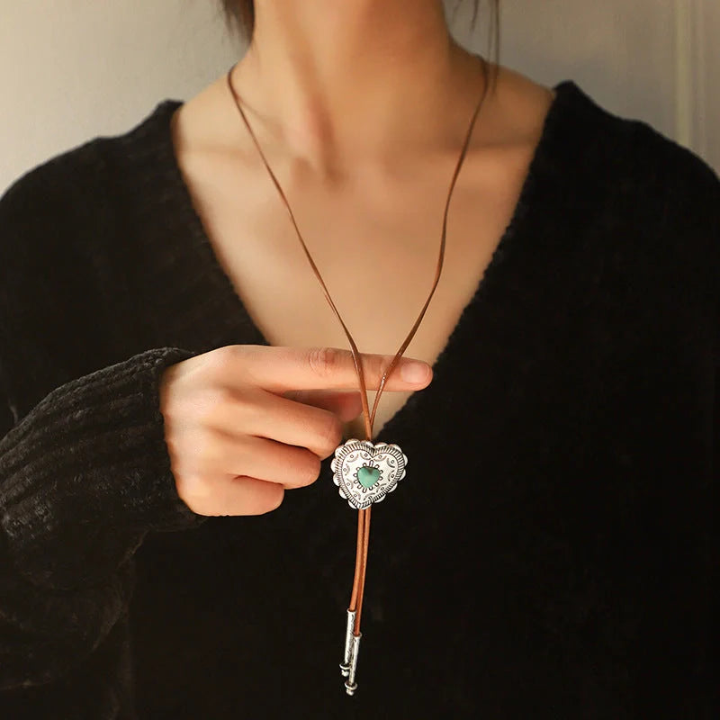 Retro Turquoise Cross Necklace for women with heart-shaped pendant