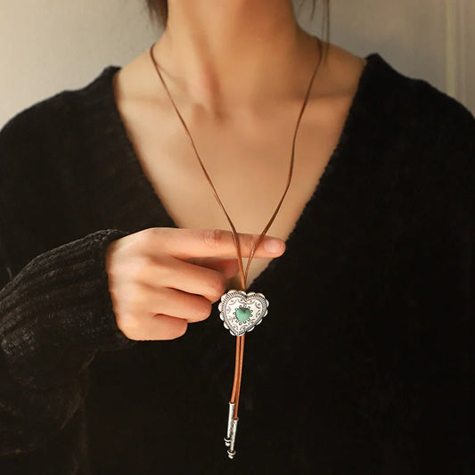 Retro Turquoise Cross Necklace for women with heart-shaped pendant