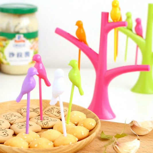 Kids' plastic fruit forks with tree and birds design in vibrant colours