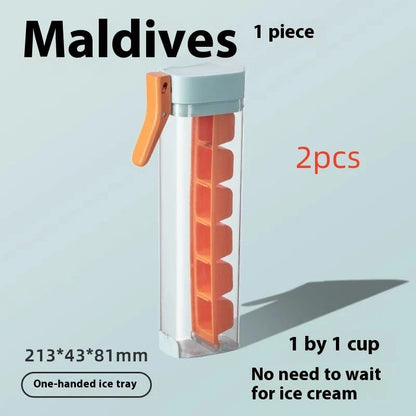 Premium ice cube trays in Maldives color and Pearl White, featuring one-touch release and food-grade materials for perfect homemade ice cubes