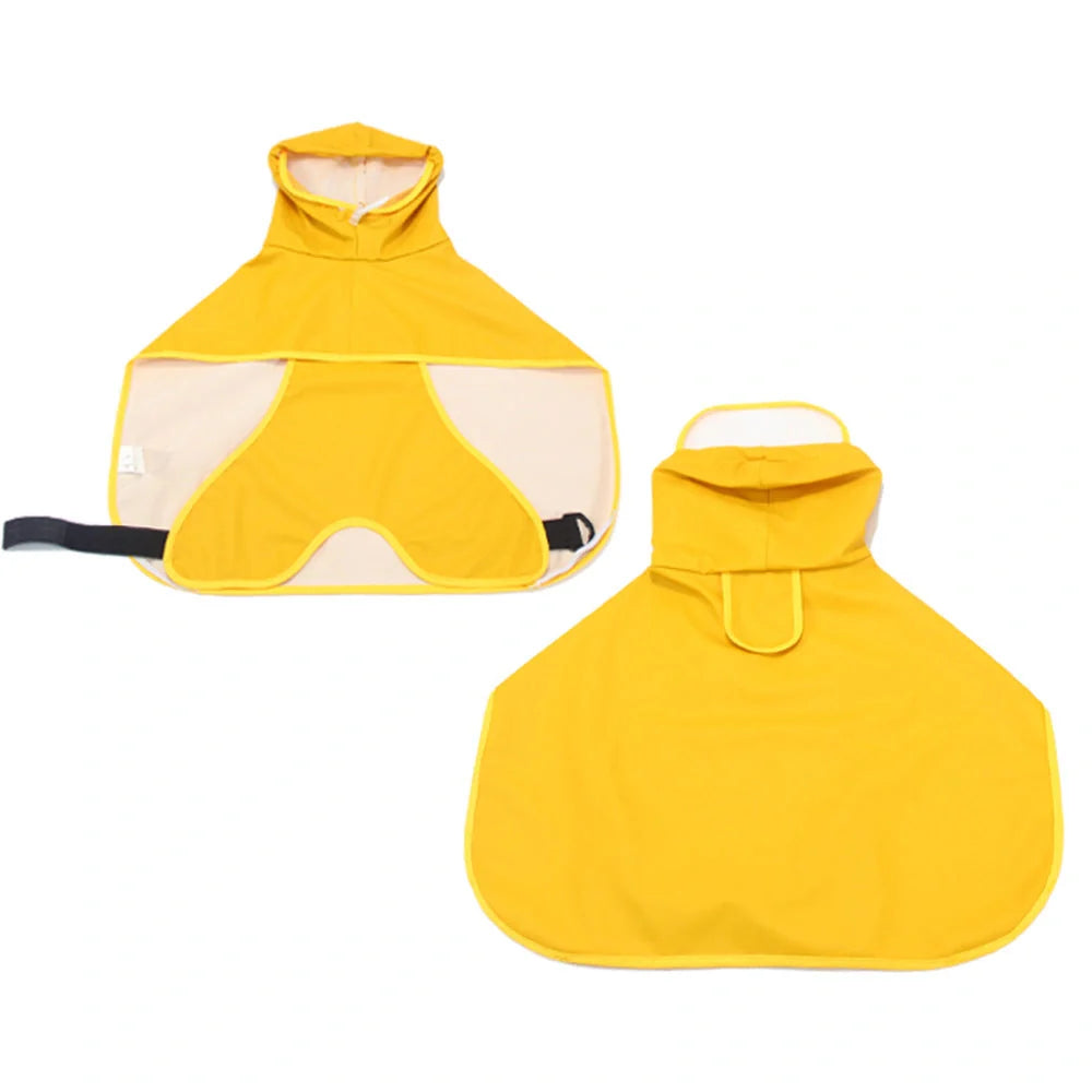 Dog wearing a yellow waterproof raincoat with a transparent brim, adjustable bellyband, and chest straps.
