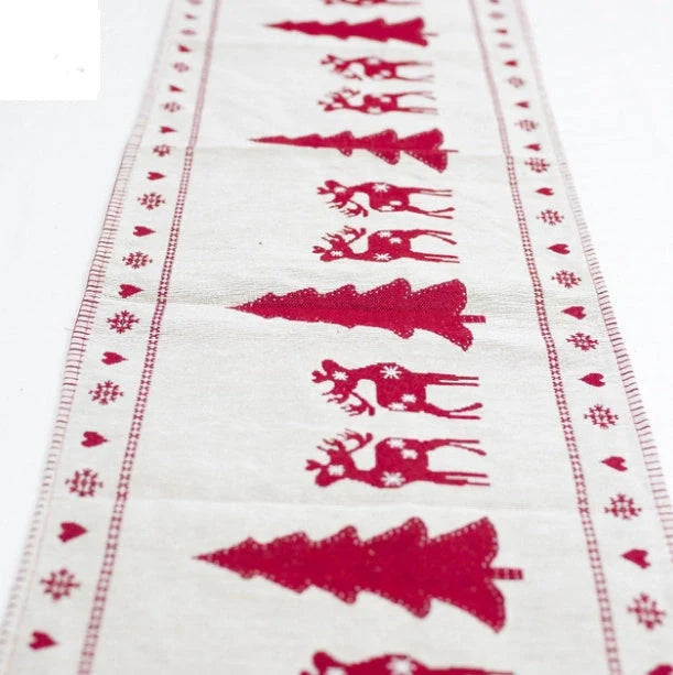 Christmas Elk Snowman Table Runner on a dining table, festive holiday decor