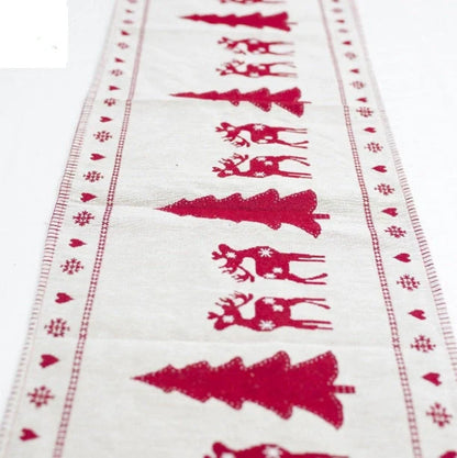 Christmas Elk Snowman Table Runner on a dining table, festive holiday decor