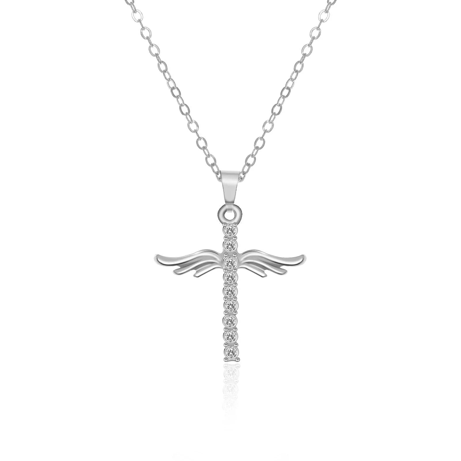 Elegant angel wings cross pendant necklace in silver and gold tones with an adjustable chain