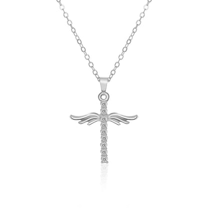 Elegant angel wings cross pendant necklace in silver and gold tones with an adjustable chain