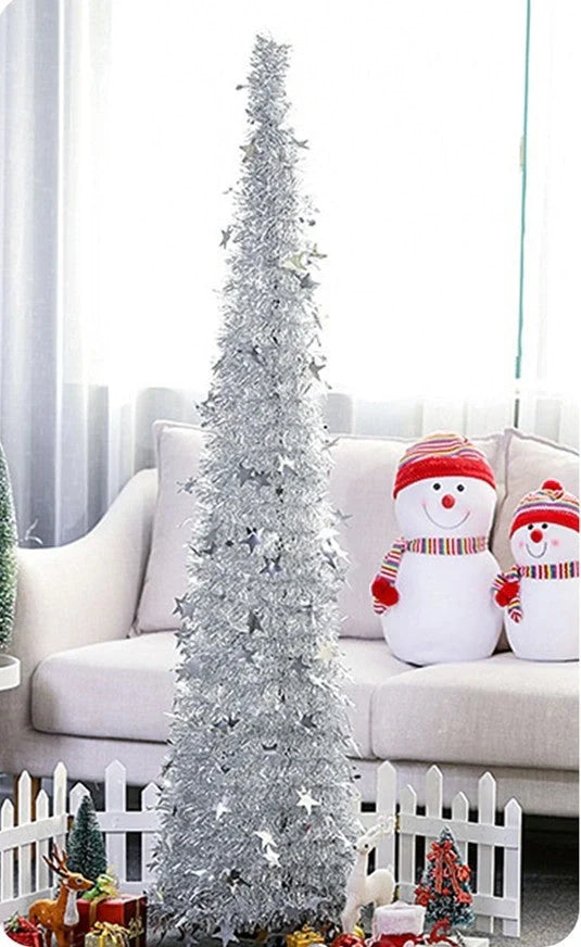Collapsible artificial Christmas tree with stand and sequin decorations