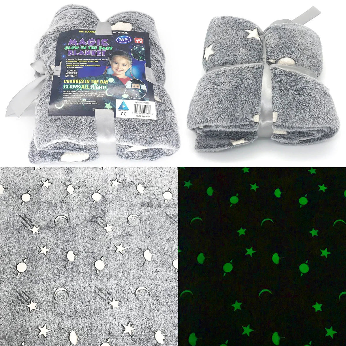 Glowing polyester wool blanket with stars and moons design, perfect for cosy nights