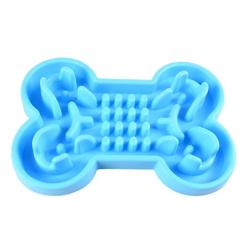 Slow feed pet bowl made of durable silicone, available in blue, rose red, and green colours, featuring anti-choke and anti-tip design for healthy digestion