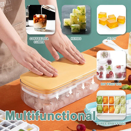 Quick demould ice cube tray set with storage box in yellow, blue, and pink
