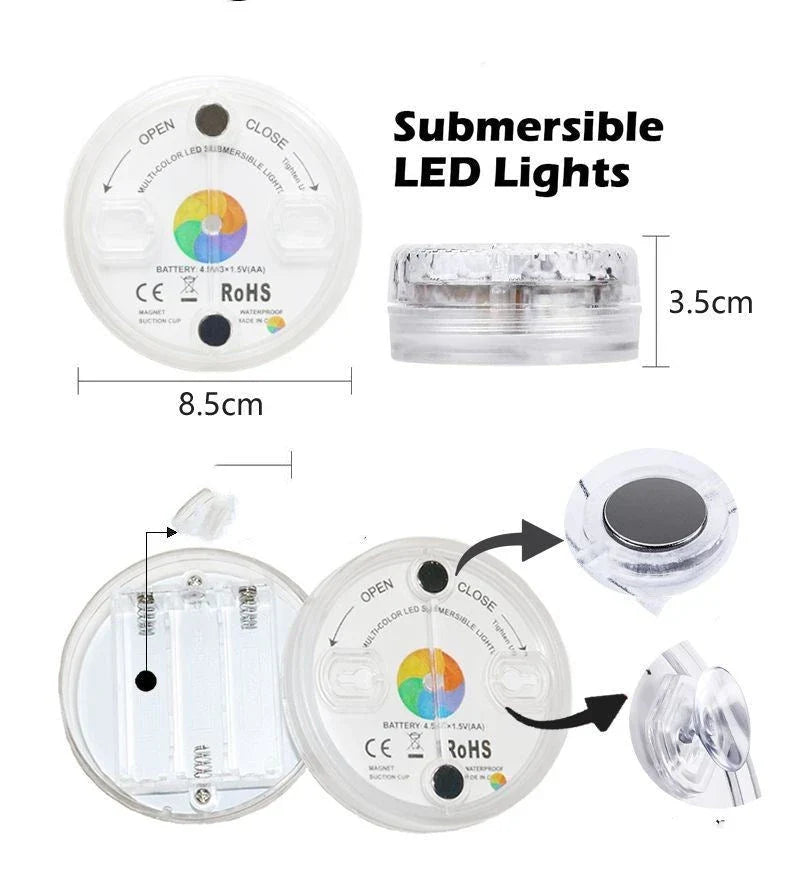 Wireless submersible LED lights with remote control, perfect for pools, spas, and outdoor decor