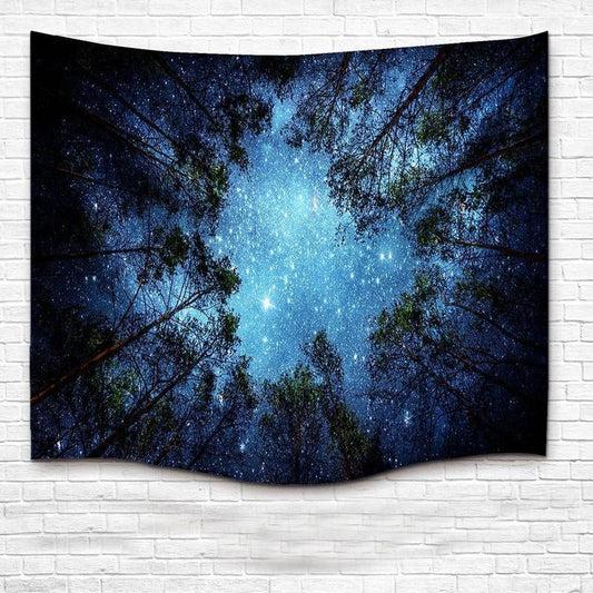 Forest starry tapestry wall hanging with detailed celestial and nature design, 100% polyester