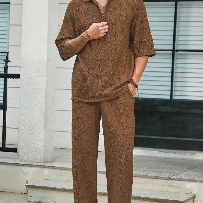 Men's summer commuter suit in cotton, short-sleeved top and loose straight trousers
