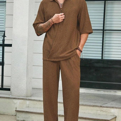 Men's summer commuter suit in cotton, short-sleeved top and loose straight trousers