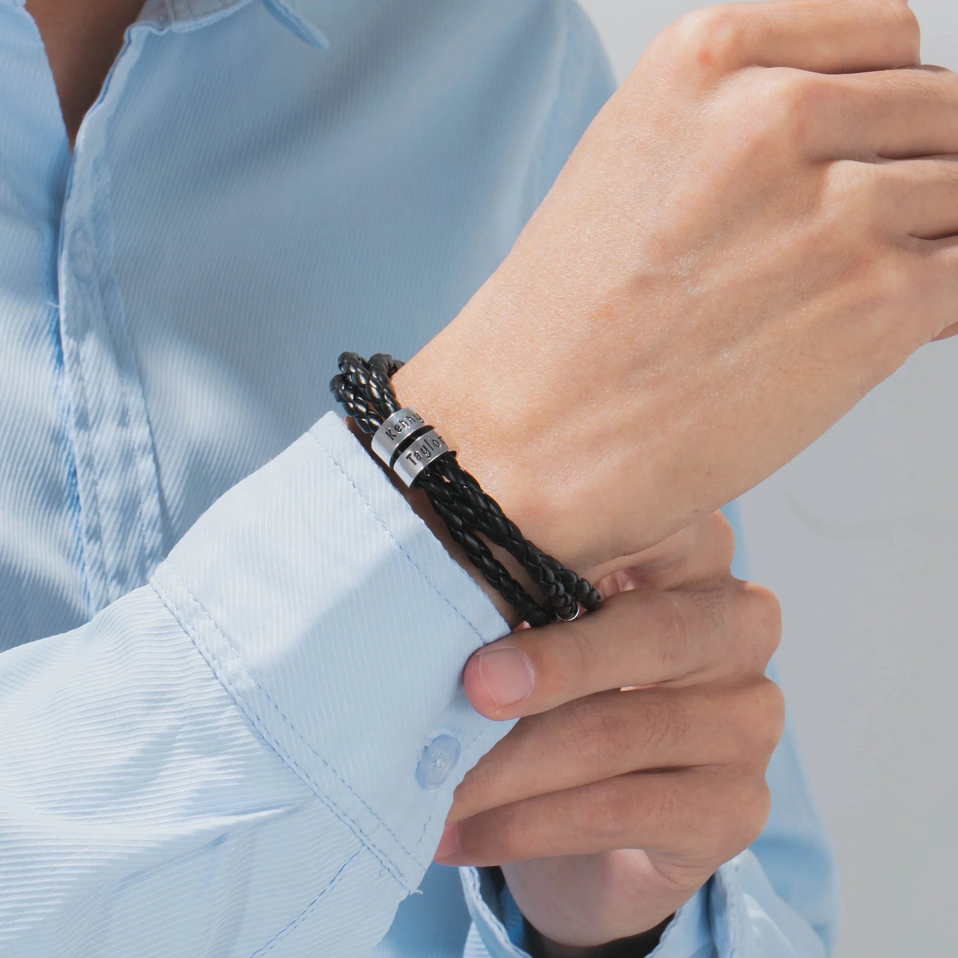 Personalized Leather Bracelet with Engraved Name Charm in Black and Brown Colors