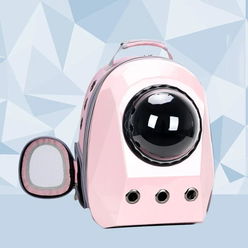 Space capsule style cat carrier backpack with transparent window and ventilation holes