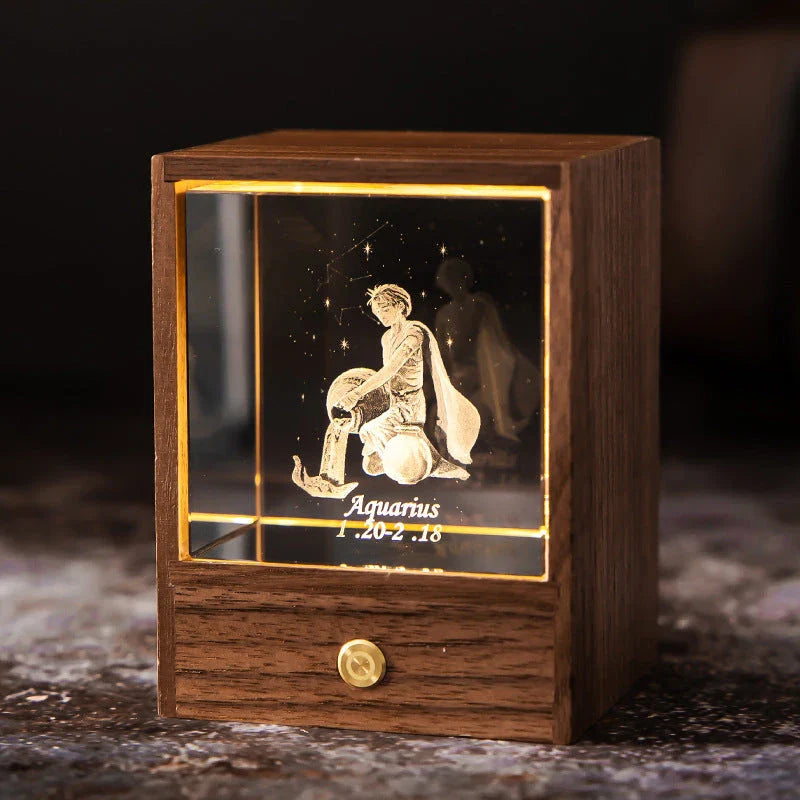 Constellation LED Table Lamp with black walnut base and 3D crystal ball, creating a starry night effect in the bedroom