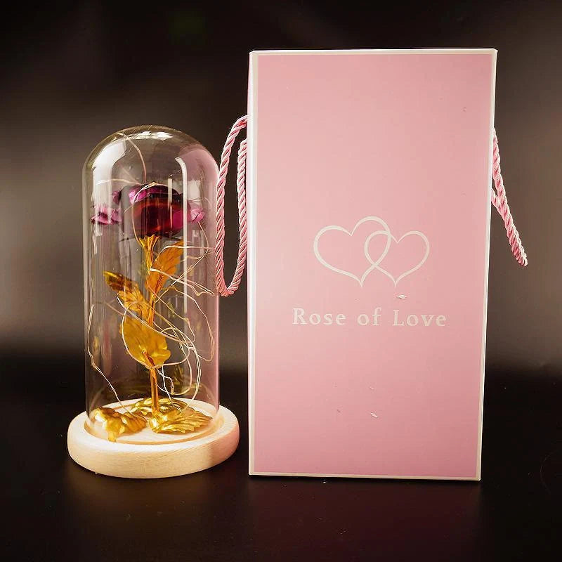 Enchanted Forever Rose in Glass LED Light decoration with realistic rose and wooden base