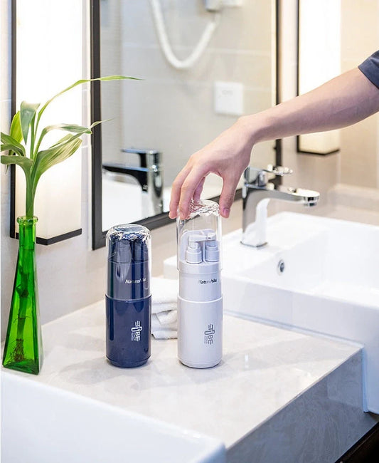 Multifunctional wash cup set including bottles, cup, mirror, and comb in durable PC and ABS materials