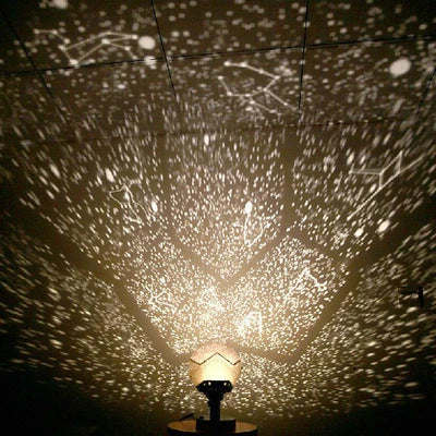 Magical Starlight Projection Lamp casting a mesmerising display of stars and seasonal motifs, creating a serene ambiance in a living room