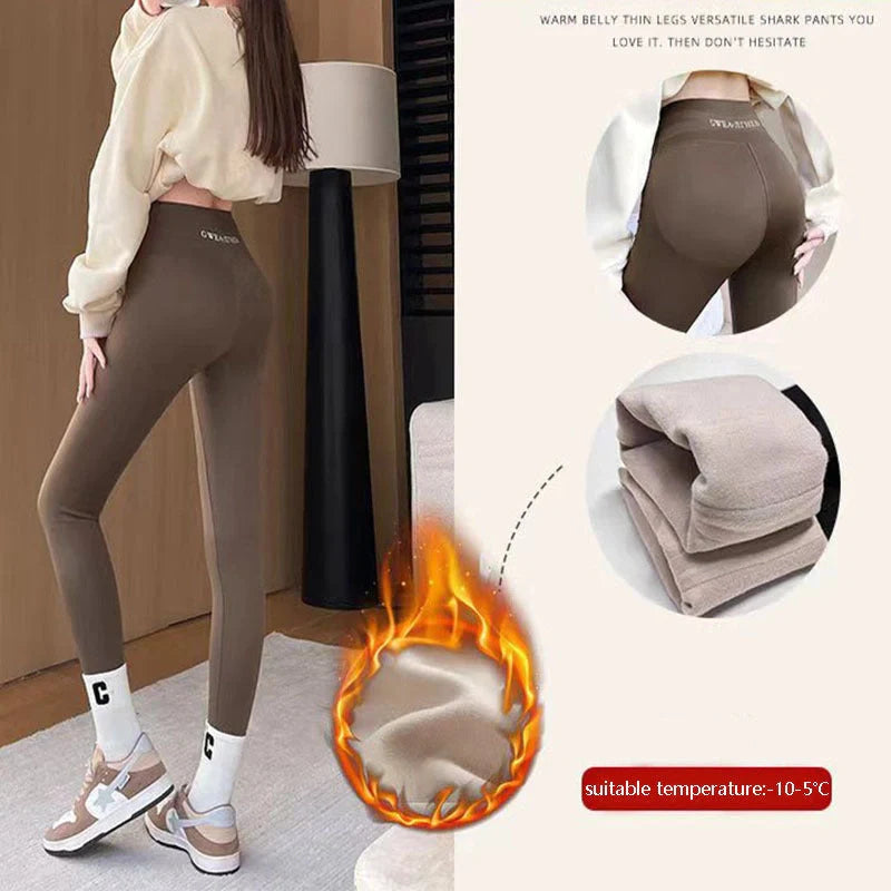 Winter fleece leggings with high waist and tummy control in black, grey, and brown