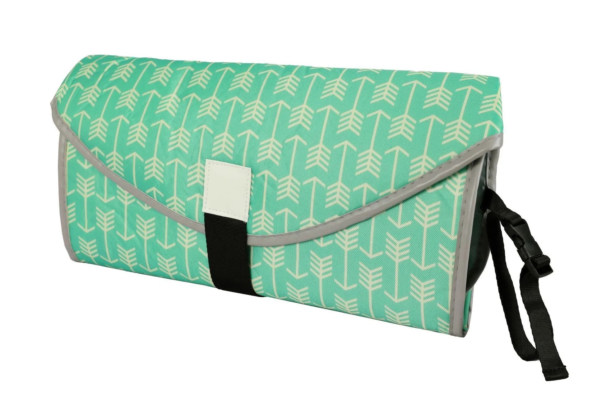 Portable diaper changing pad clutch with built-in toy ring, foldable design for easy transport