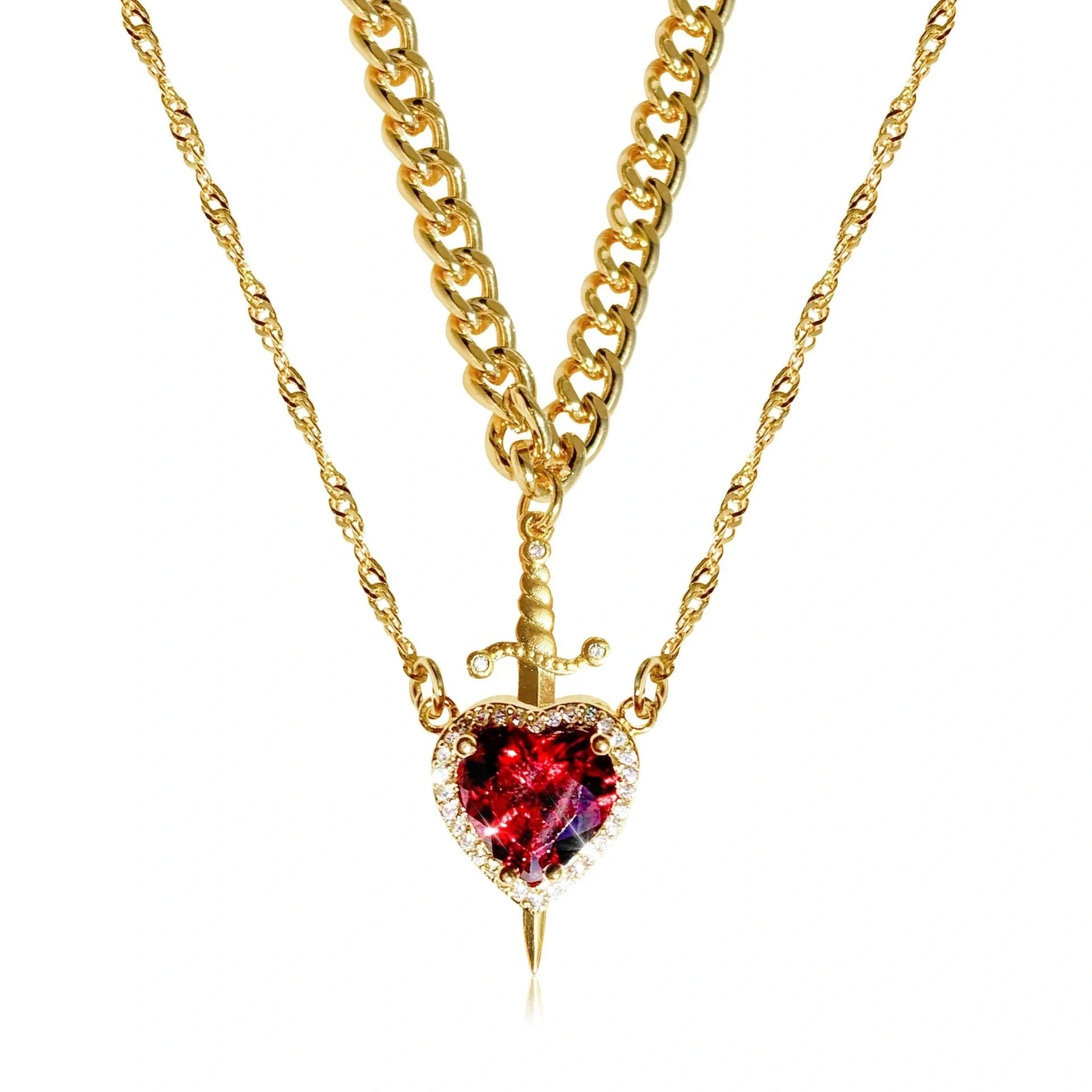 Exquisite Heart and Sword Couple Necklaces in gold and silver, symbolising love and protection
