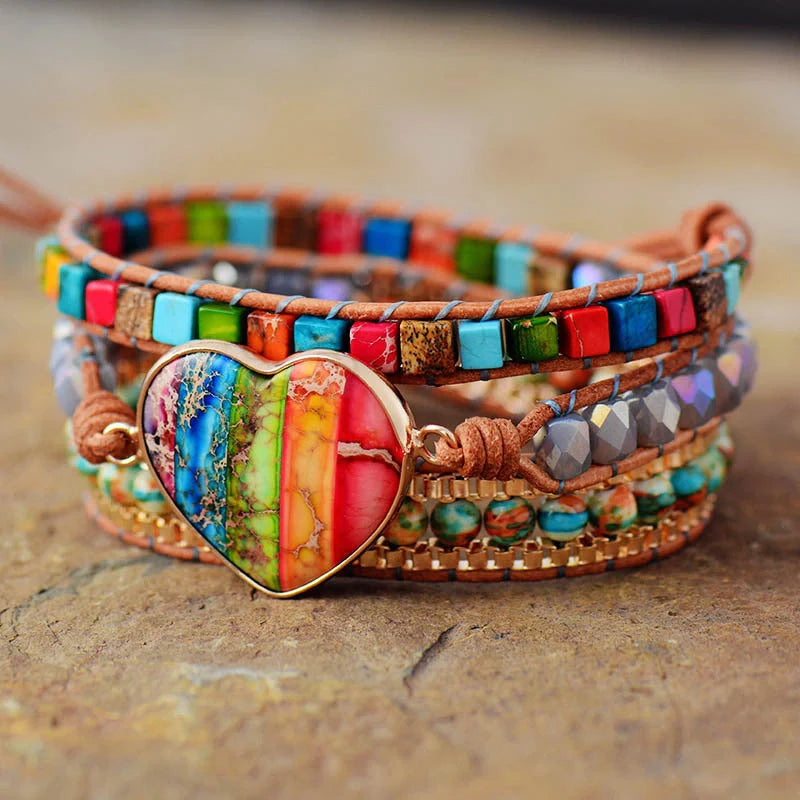 Hand-woven agate peace bracelet with heart-shaped charm