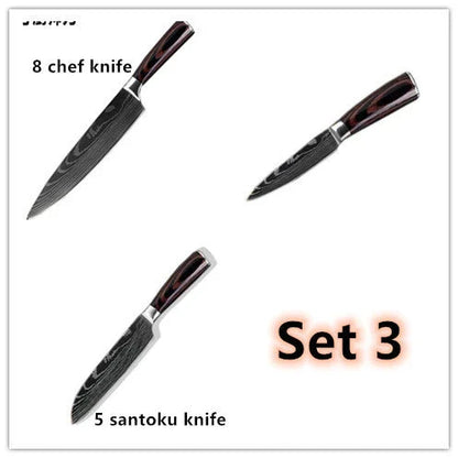 Premium 8-Piece Damascus Steel Kitchen Knife Set with Razor-Sharp Blades and Ergonomic Wooden Handles