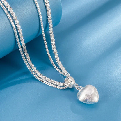 Double layer brushed heart pendant necklace with water wave chain for women