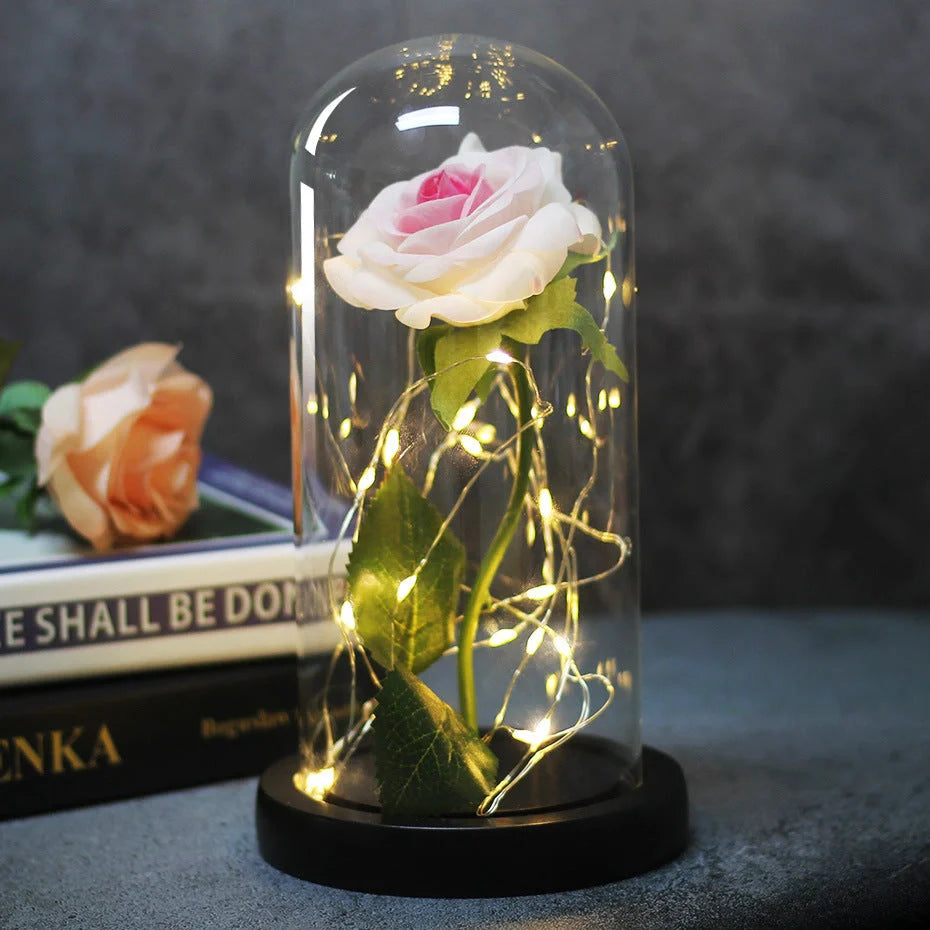 Enchanted Forever Rose in Glass LED Light decoration with realistic rose and wooden base