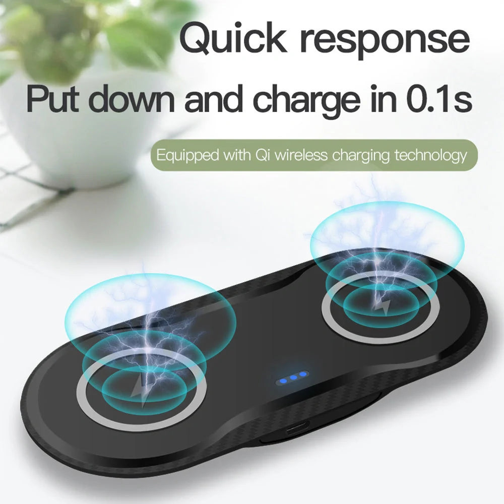 Dual wireless mobile phone charger in black and white, featuring intelligent temperature control