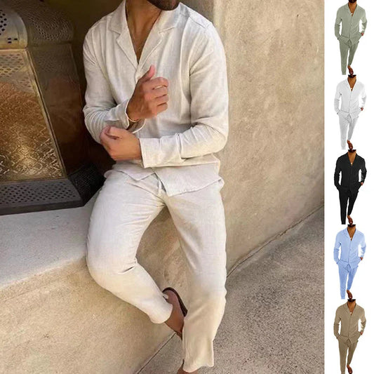 Men's casual long-sleeved suits with single-breasted shirt and slim-fit trousers in various colours