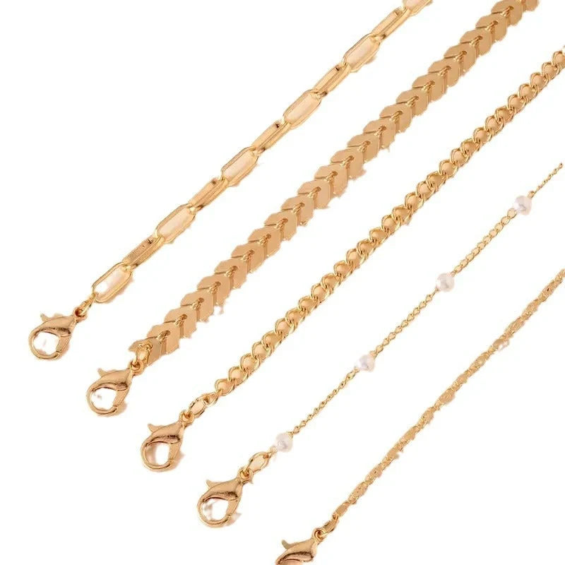 Summer Fashion 5-piece Pearl Anklet in gold and silver, geometric design