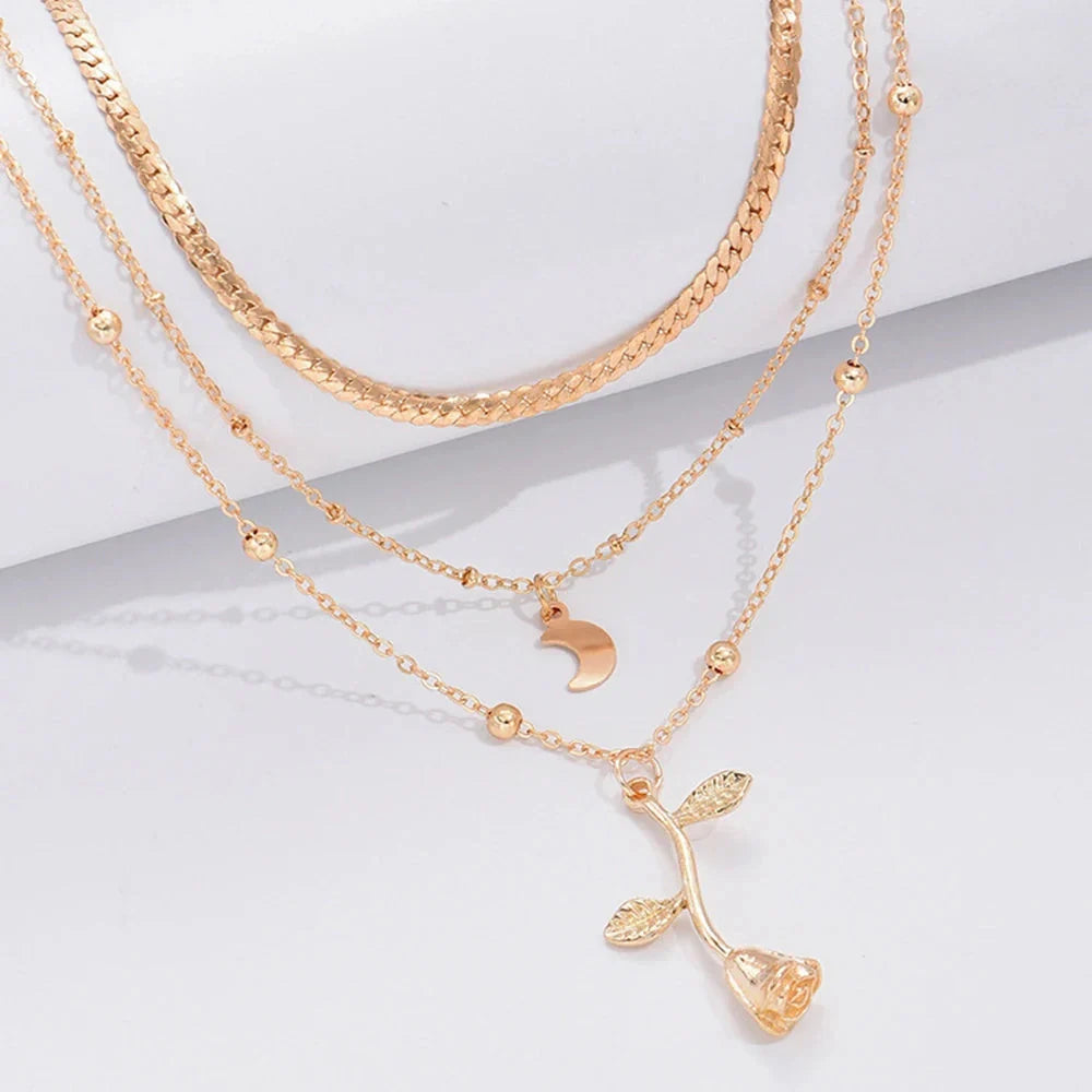 Bohemian multilayer gold pendant necklace with rose flower design for women