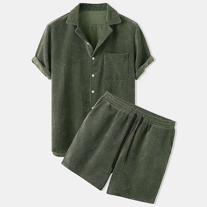 Corduroy short sleeve suit two-piece set in yellow, green, and light blue