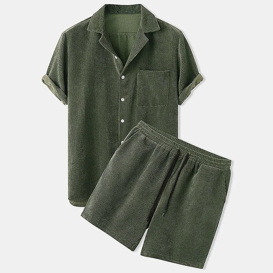 Corduroy short sleeve suit two-piece set in yellow, green, and light blue