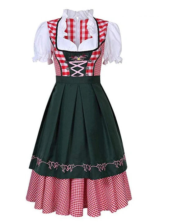 Traditional Oktoberfest ethnic dress for women in vibrant red denim with apron and ribbon