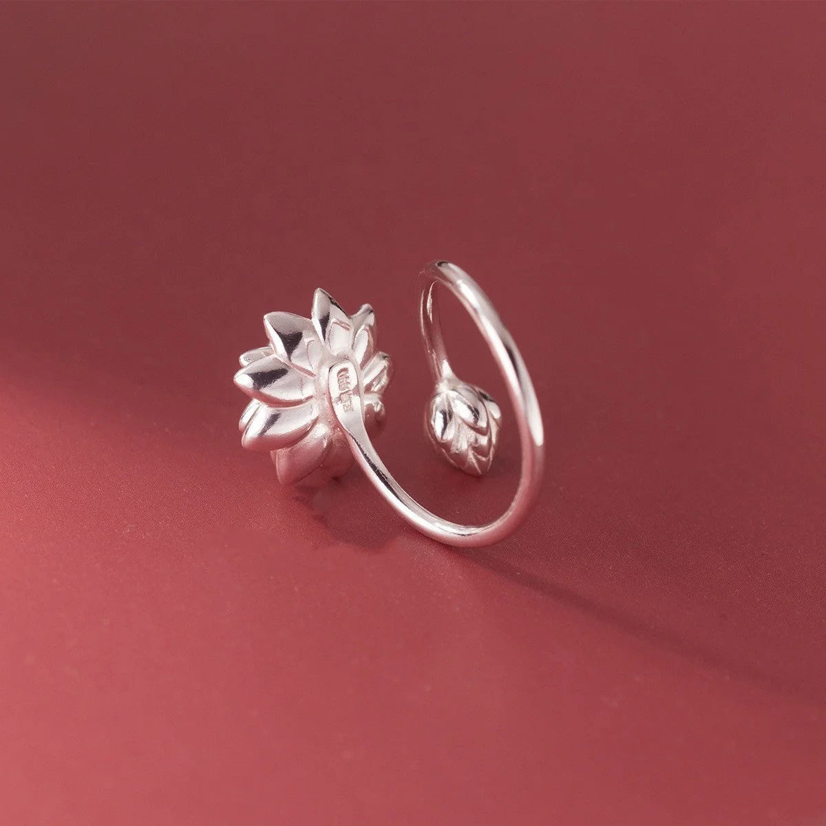 Elegant silver lotus flower adjustable opening ring with intricate design, perfect for everyday wear or special occasions