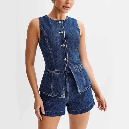 Stylish women's denim vest and high waist shorts set for summer casual wear