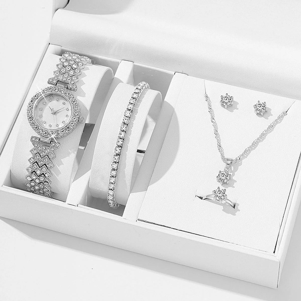 Diamond women's luxury quartz bracelet watch with rhinestone accents and complete jewellery set