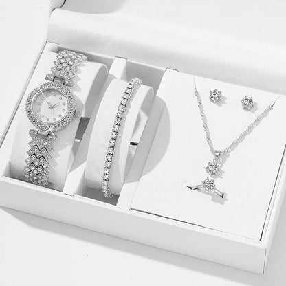 Diamond women's luxury quartz bracelet watch with rhinestone accents and complete jewellery set