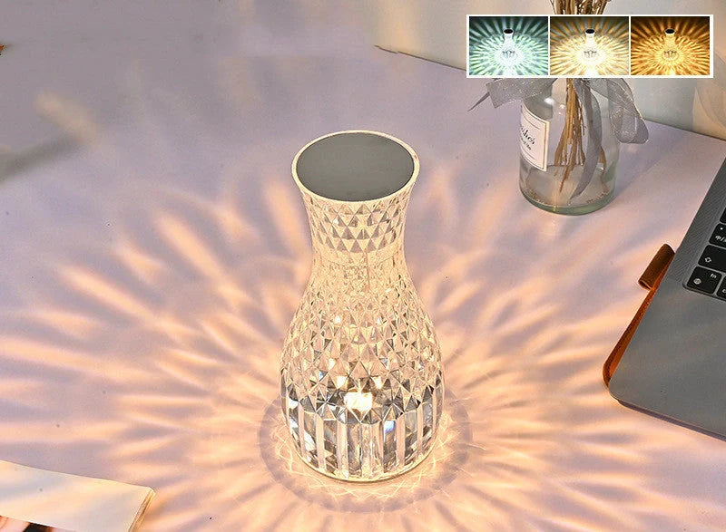 Vase Shape Atmosphere Crystal Lamp with USB charging and remote control on a bedside table
