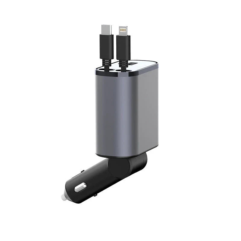 Ultra-Fast 100W Car Charger with Retractable Cable and Adjustable Connector for Rapid Smartphone, Tablet, and Laptop Charging